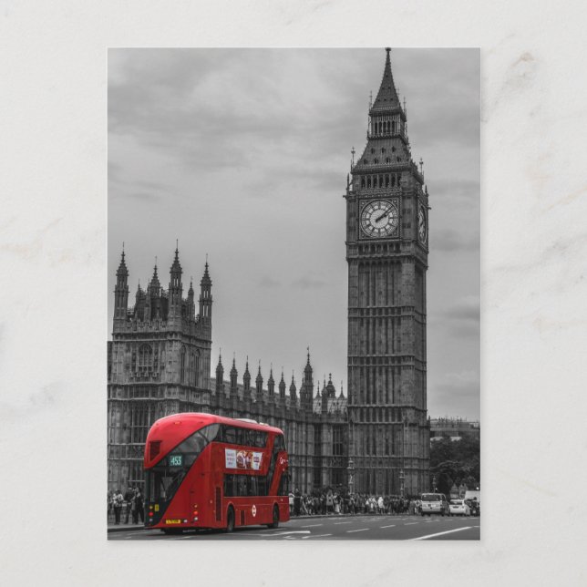 Postal BW Black & White London Red Bus & Big Ben (Anverso)