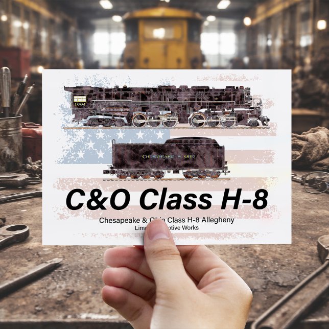 Postal C&O Clase H-8 Locomotora Allegheny - bandera ameri (C&O Class H-8 Allegheny Locomotive - American flag. Postcard)