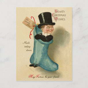 Postal Caballero con un gran calcetín de Navidades azules