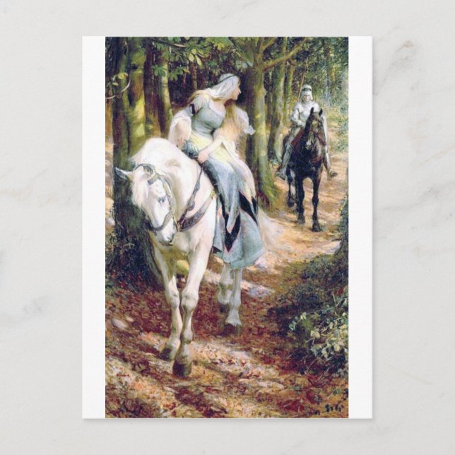 Postal Caballero dama caballo blanco romántico medieval (Anverso)