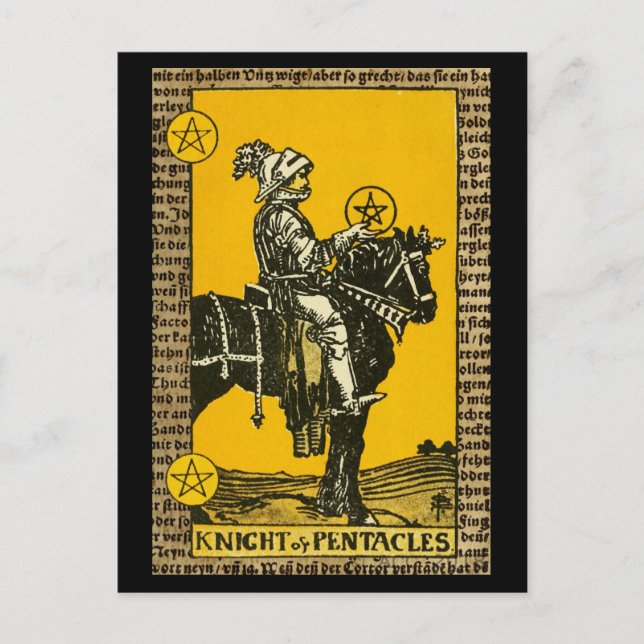 Postal Caballero de los Pentáculos Tarot (Anverso)