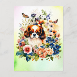 Postal Caballero lindo Rey Charles Puppy en Flores