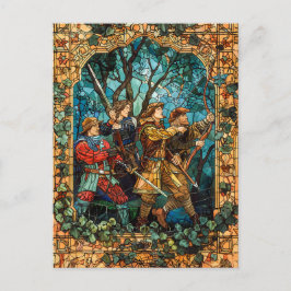 Postal Caballeros medievales en un bosque encantado