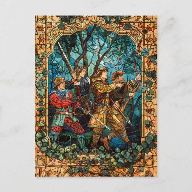 Postal Caballeros medievales en un bosque encantado (Anverso)