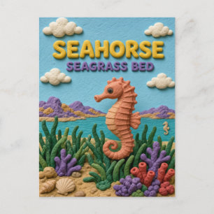 Postal Caballito de mar, arte de arcilla en lecho de alga