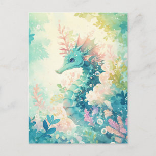 Postal Caballito de mar teal caprichoso y botánico de men