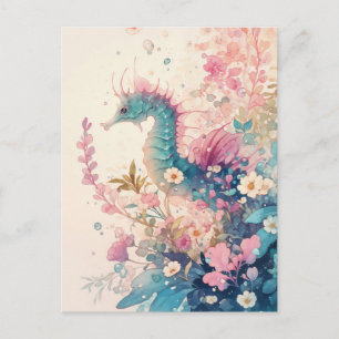Postal Caballito de mar teal caprichoso y flor de color r