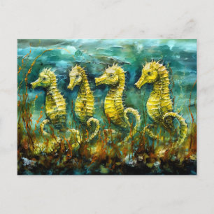 Postal Caballitos de mar en pintura al óleo expresiva del