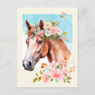 Postal Caballo acuarela y flores
