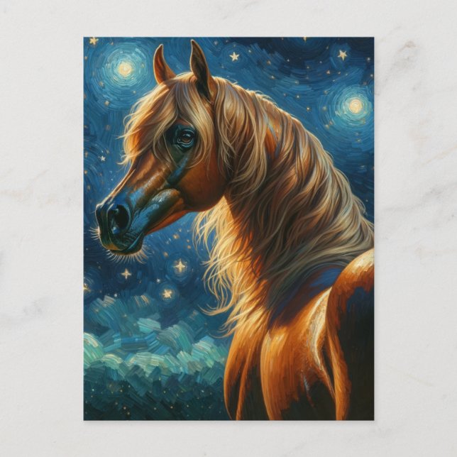 Postal Caballo árabe en la noche estrellada de Van Gogh (Anverso)