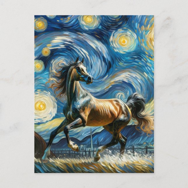 Postal Caballo árabe gris en la noche estrellada de Van G (Anverso)