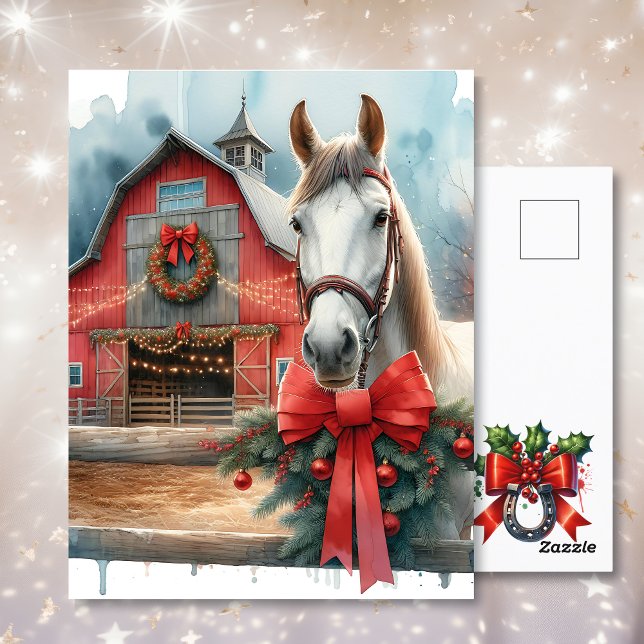 Postal Caballo blanco acuarela y Navidades de granjas fes (Subido por el creador)