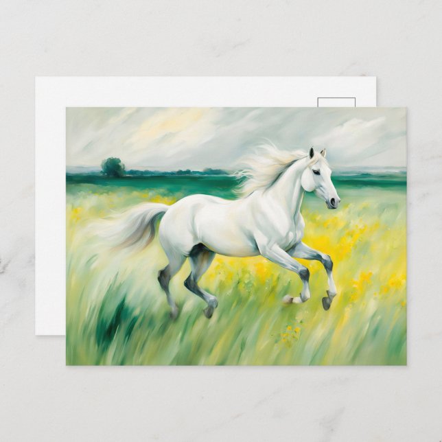 Postal Caballo blanco corriendo por el prado (Anverso / Reverso)