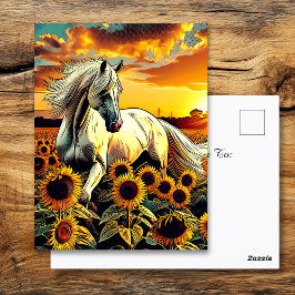 Postal Caballo blanco en campo de girasoles al atardecer