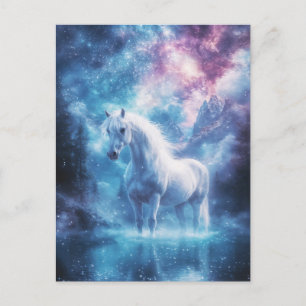 Postal Caballo Blanco en el lago de la Galaxia con cielo 