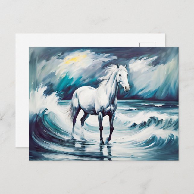 Postal Caballo blanco en un mar tormentoso (Anverso / Reverso)