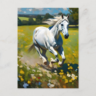 Postal Caballo blanco en un prado de flores silvestres