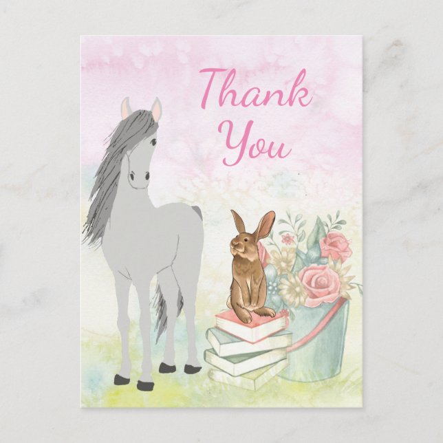 Postal Caballo Bonito, Conejo, Flores y Libros Gracias (Anverso)