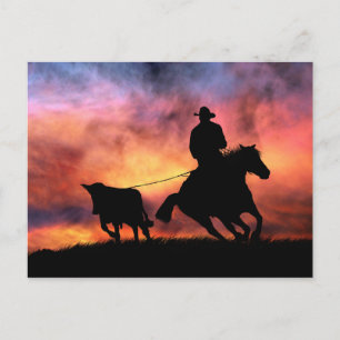 Postal Caballo bovino y vagabundeo al atardecer