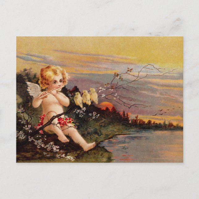 Postal Caballo: Cherub pequeño con flauta y pájaros (Anverso)