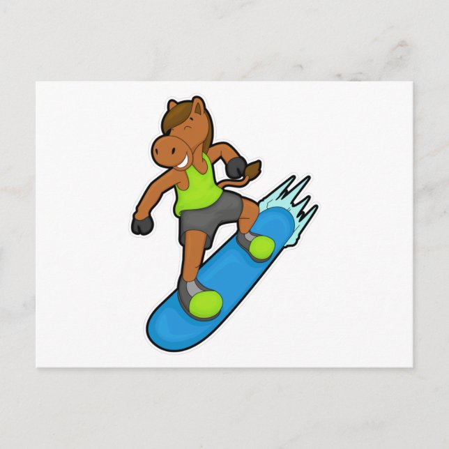 Postal Caballo como Esquiador con Tabla de Nieve (Anverso)