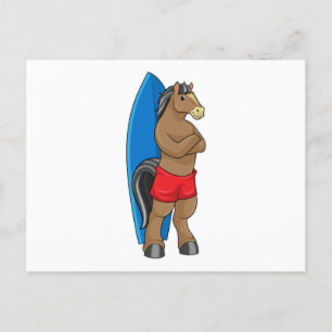 Postal Caballo como surfista con tabla de surf
