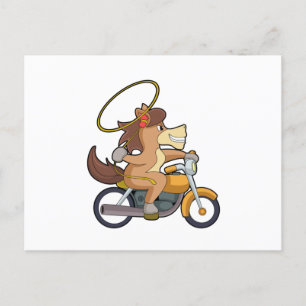 Postal Caballo como vaquero con lazo y motocicleta