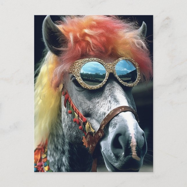 Postal Caballo con pelo de payaso y gafas (Anverso)