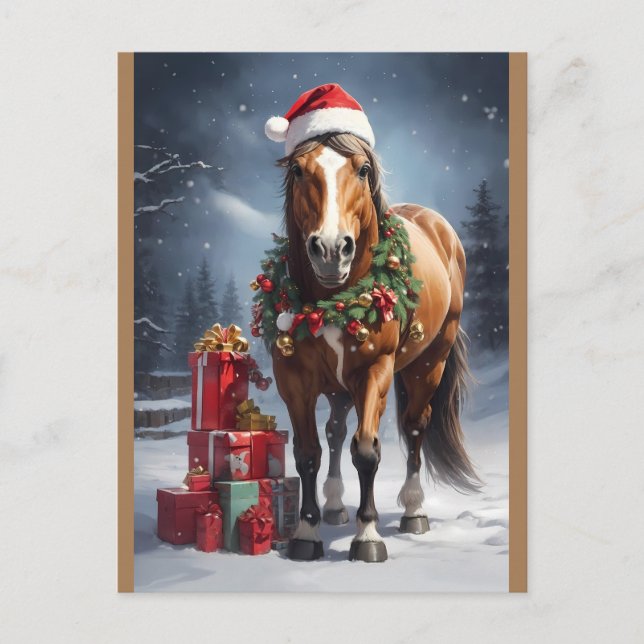 Postal caballo con sombrero de santa y regalos de navidad (Anverso)