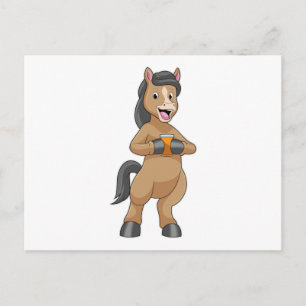 Postal Caballo con taza de jugo de naranja