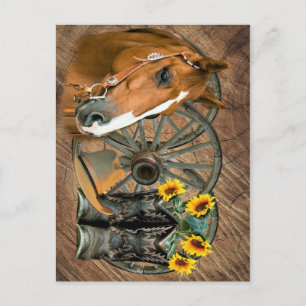 Postal Caballo Cowboy Boots Rueda de vagón girasoles occi