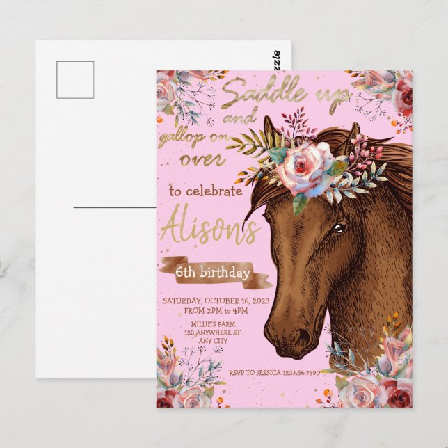 Postal Caballo de acuarela caballo de cumpleaños fiesta d (Anverso / Reverso)