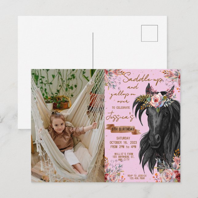 Postal Caballo de acuarela cumpleaños vaquera (Anverso / Reverso)