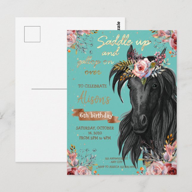 Postal Caballo de acuarela cumpleaños vaquera pony (Anverso / Reverso)