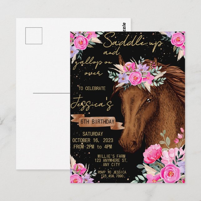Postal Caballo de acuarela fiesta de cumpleaños de caball (Anverso / Reverso)