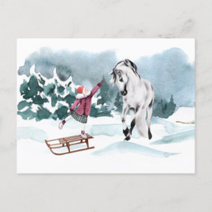 Postal Caballo de acuarela Invierno Nieve Con Niña