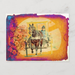 Postal Caballo de Amish de Grunge Floral y buggy