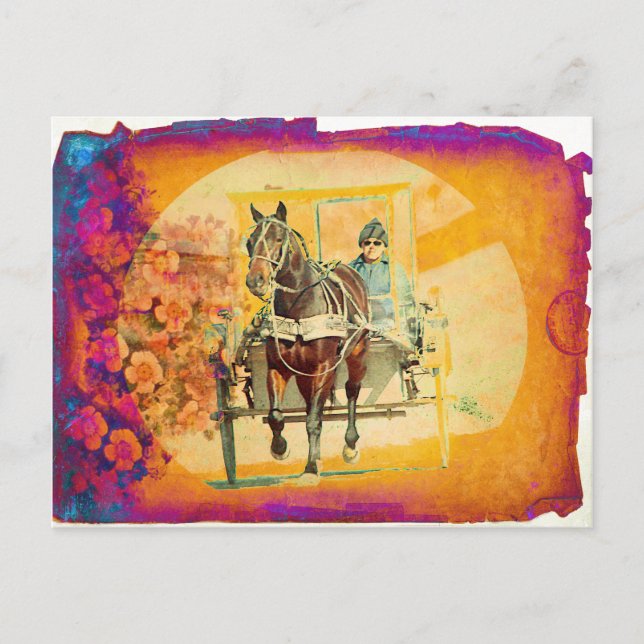 Postal Caballo de Amish de Grunge Floral y buggy (Anverso)