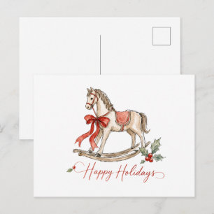 Postal Caballo de balancín de Navidad en acuarela