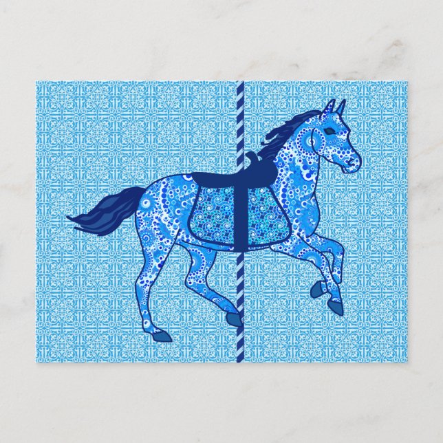 Postal Caballo de carrusel - Cobalto y azul cielo (Anverso)