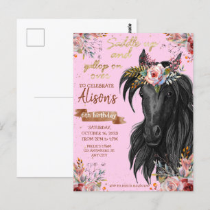 Postal Caballo de cumpleaños vaquera acuarela oro rosa