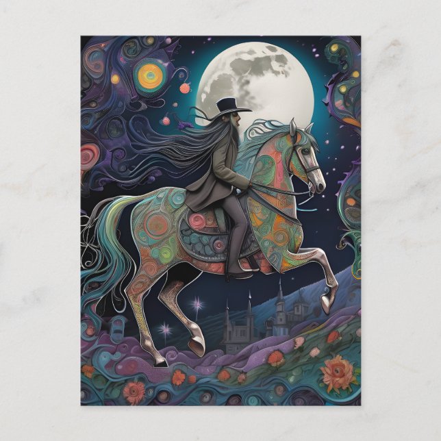 Postal Caballo de equitación de Halloween de la luna llen (Anverso)