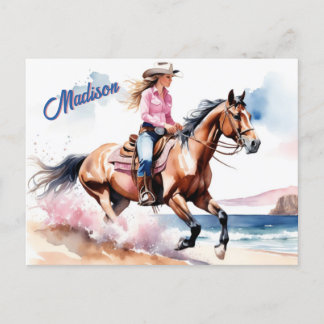 Postal Caballo de gallina montada en la playa por Ocean P