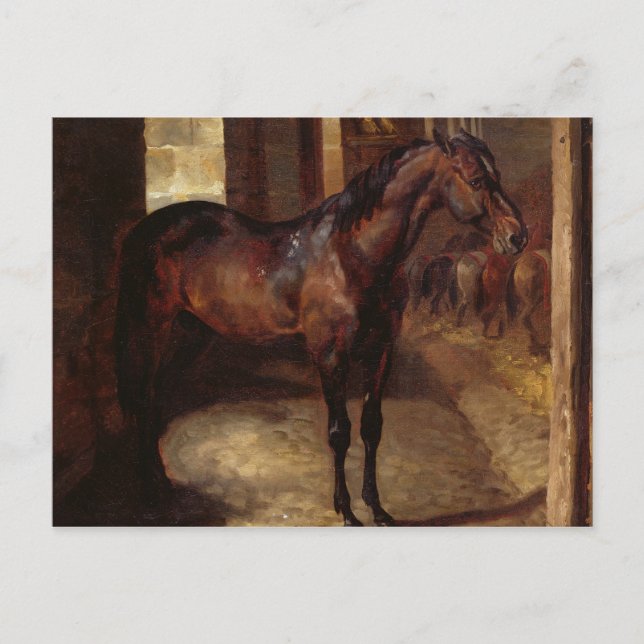 Postal Caballo de la bahía oscura en el establo (Anverso)