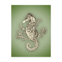 Caballo de mar y coral sobre fondo verde