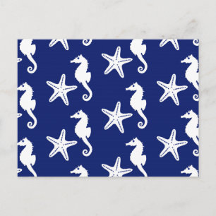 Postal Caballo de mar y pez estrella - azul marino y blan