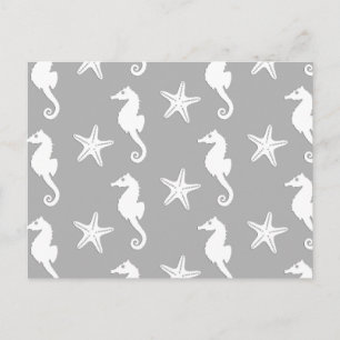 Postal Caballo de mar y pez estrella - blanco sobre gris