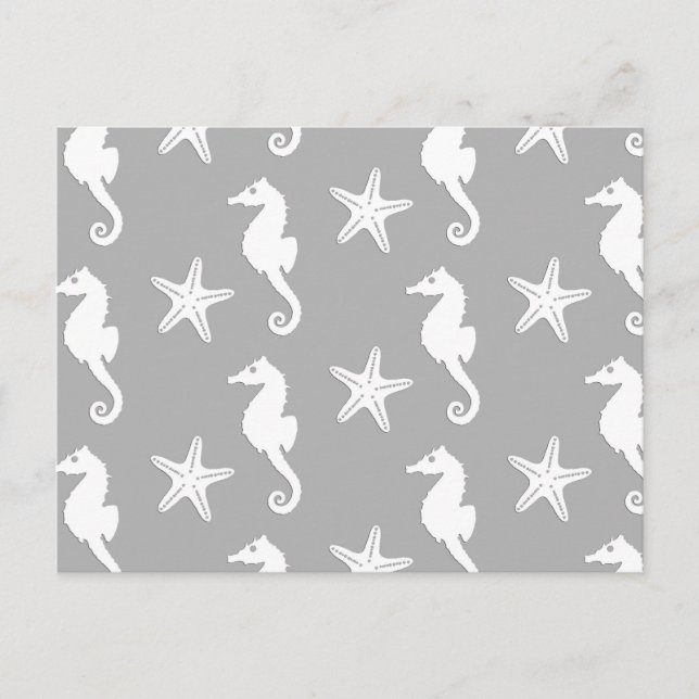 Postal Caballo de mar y pez estrella - blanco sobre gris  (Anverso)