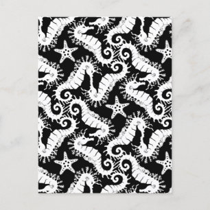 Postal Caballo de mar y pez estrella - Patrón blanco y ne