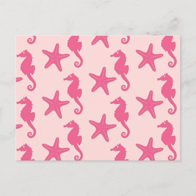 Postal Caballo de mar y pez estrella - rosa de coral (Anverso)
